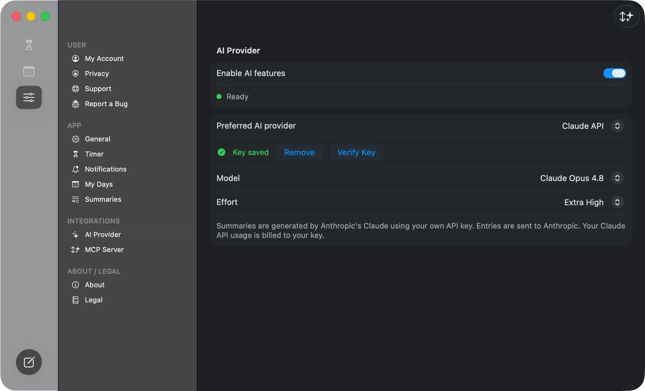 The AI Provider settings — the Enable AI features toggle, provider picker, the saved-key controls, and the Model and Effort pickers.