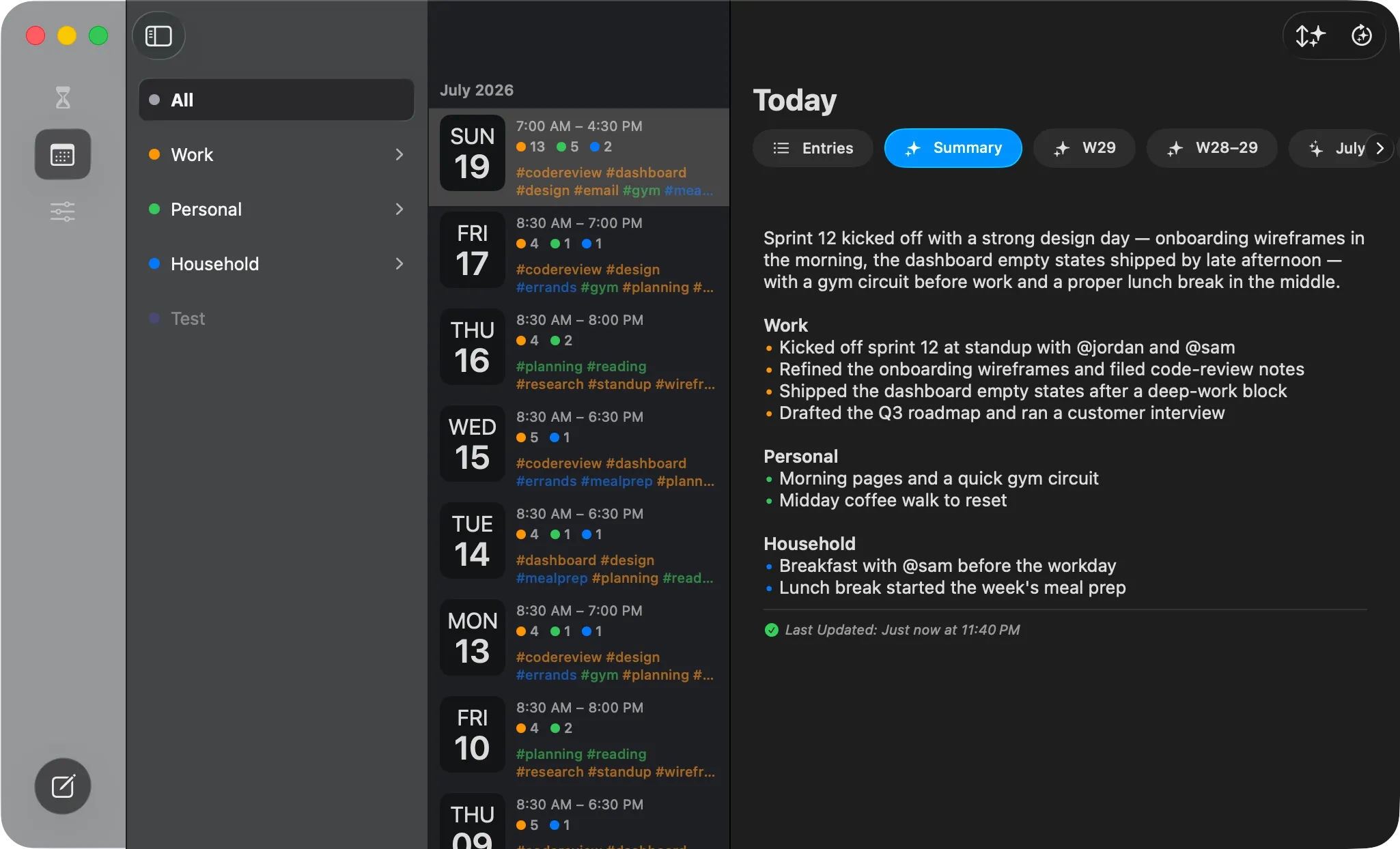 A day’s Summary page — the overview up top, a section per journal with bulleted highlights, and the Last Updated row at the bottom.