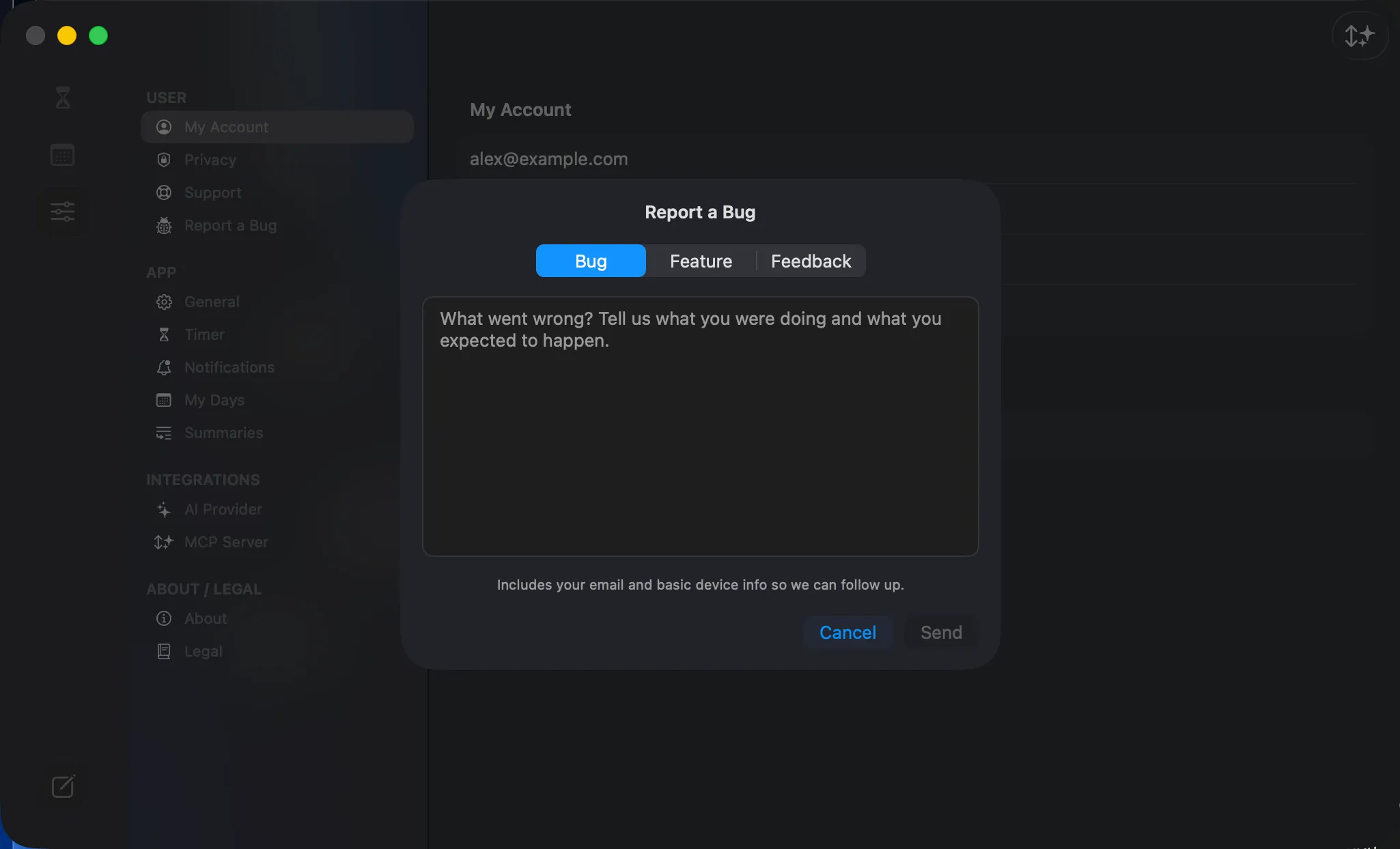 The feedback composer — pick Bug / Feature / Feedback, write your note, and Send.