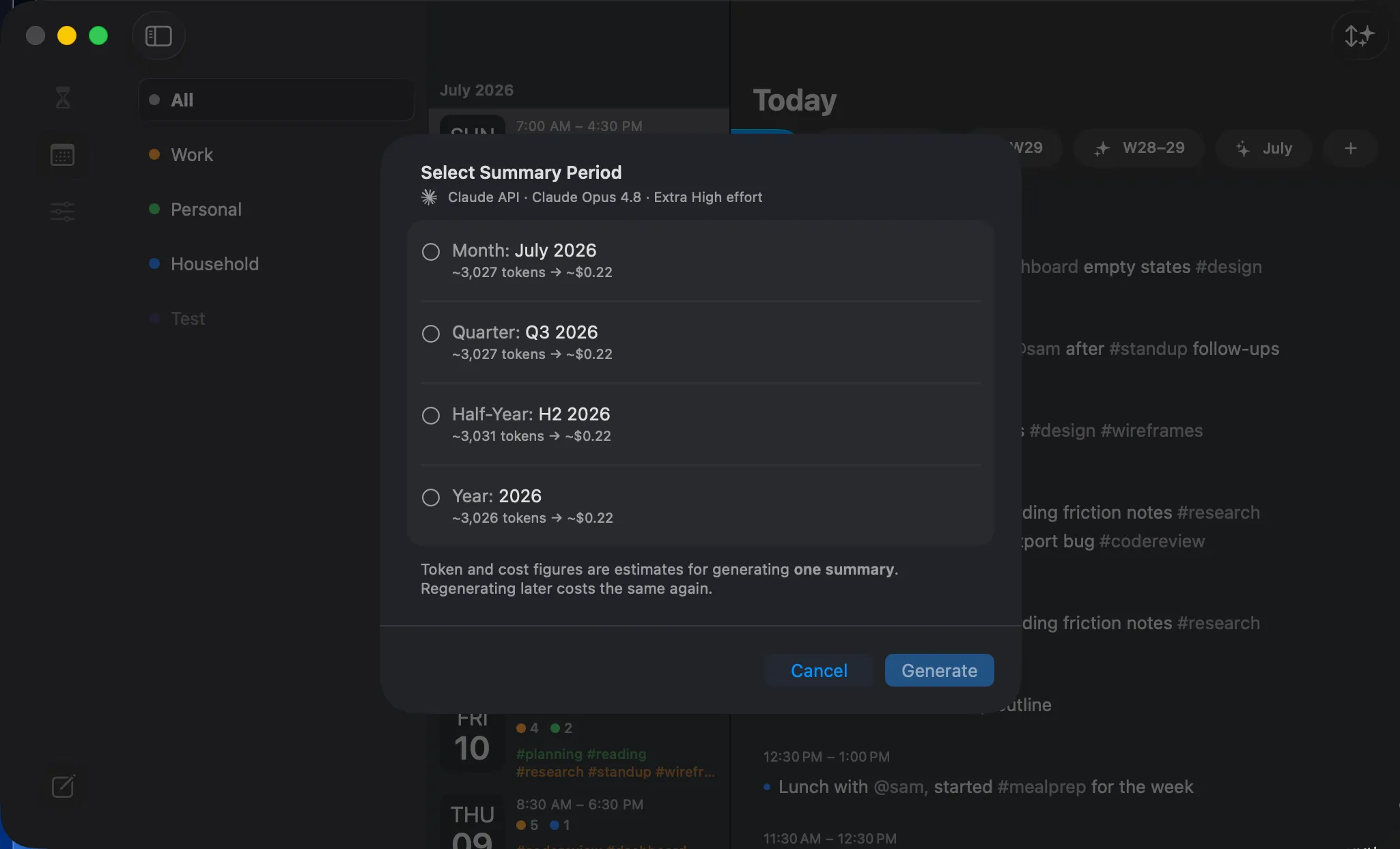 The Select Summary Period sheet — the provider line up top and one row per period. On-device summaries are free; cloud providers show token and cost estimates here.