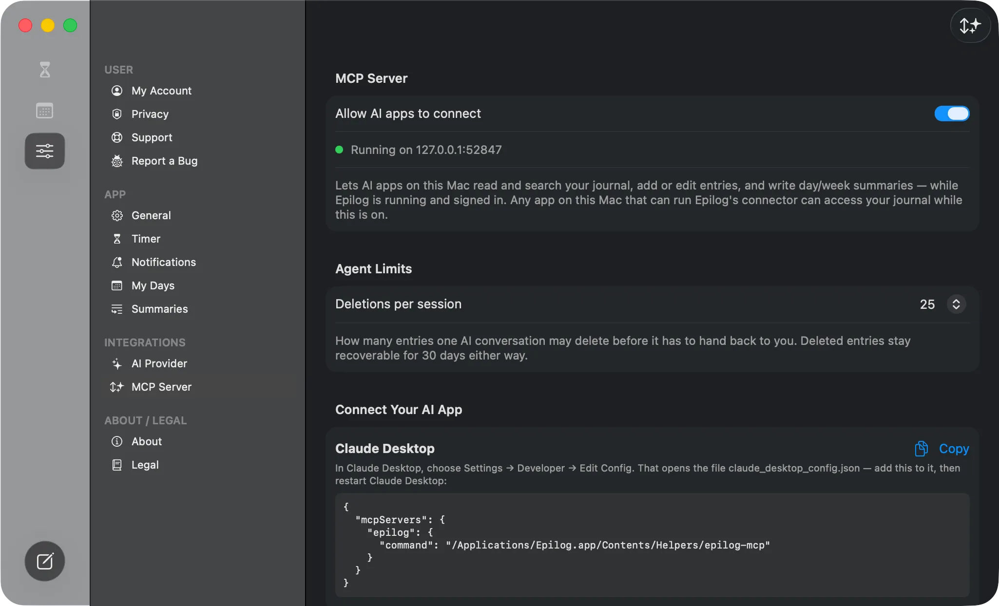 The MCP Server settings — the “Allow AI apps to connect” toggle, the running status, and (further down) the copy-paste setup snippets and agent limits.