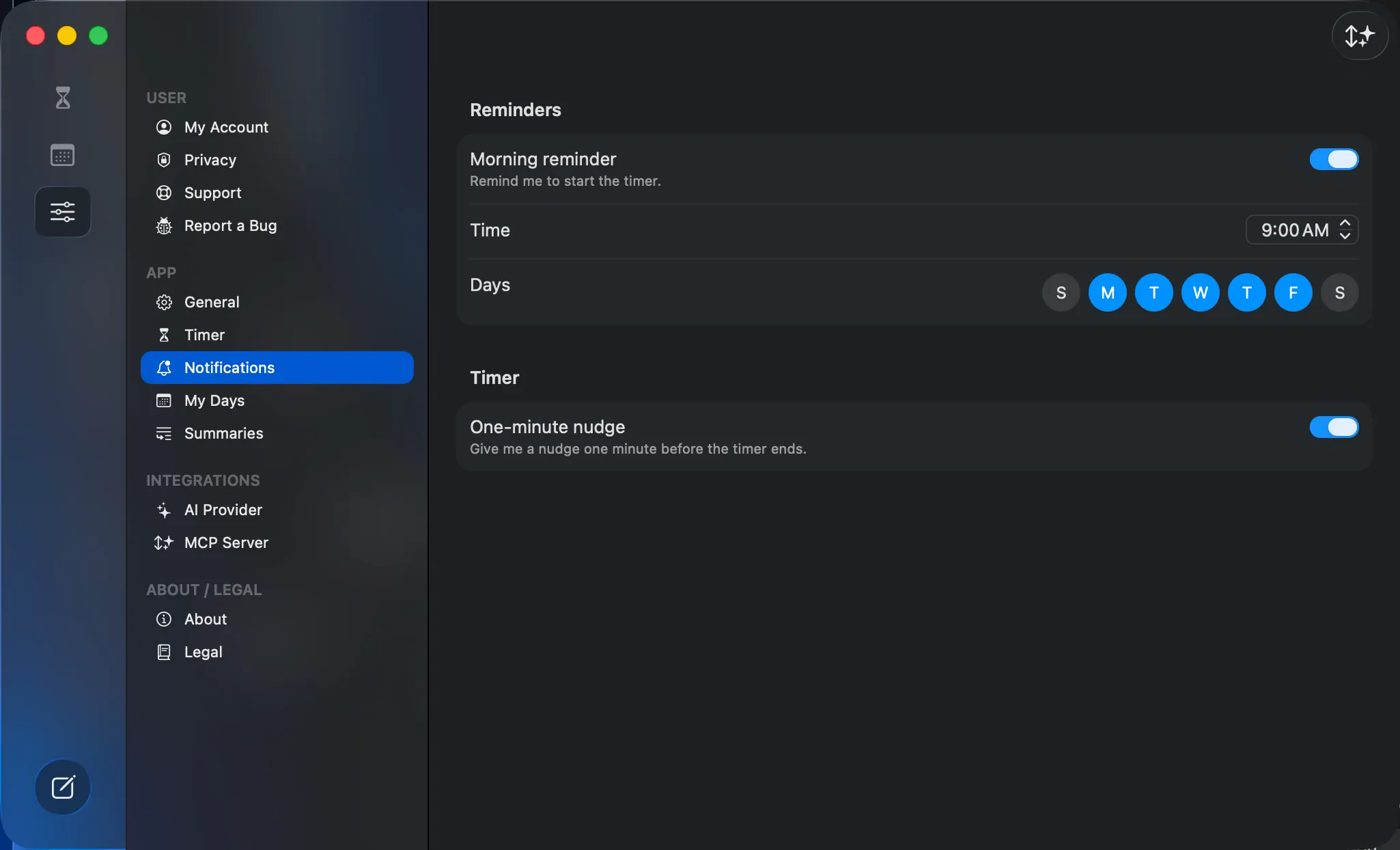 Notifications settings — the reminder’s time picker and weekday chips, plus the one-minute nudge.