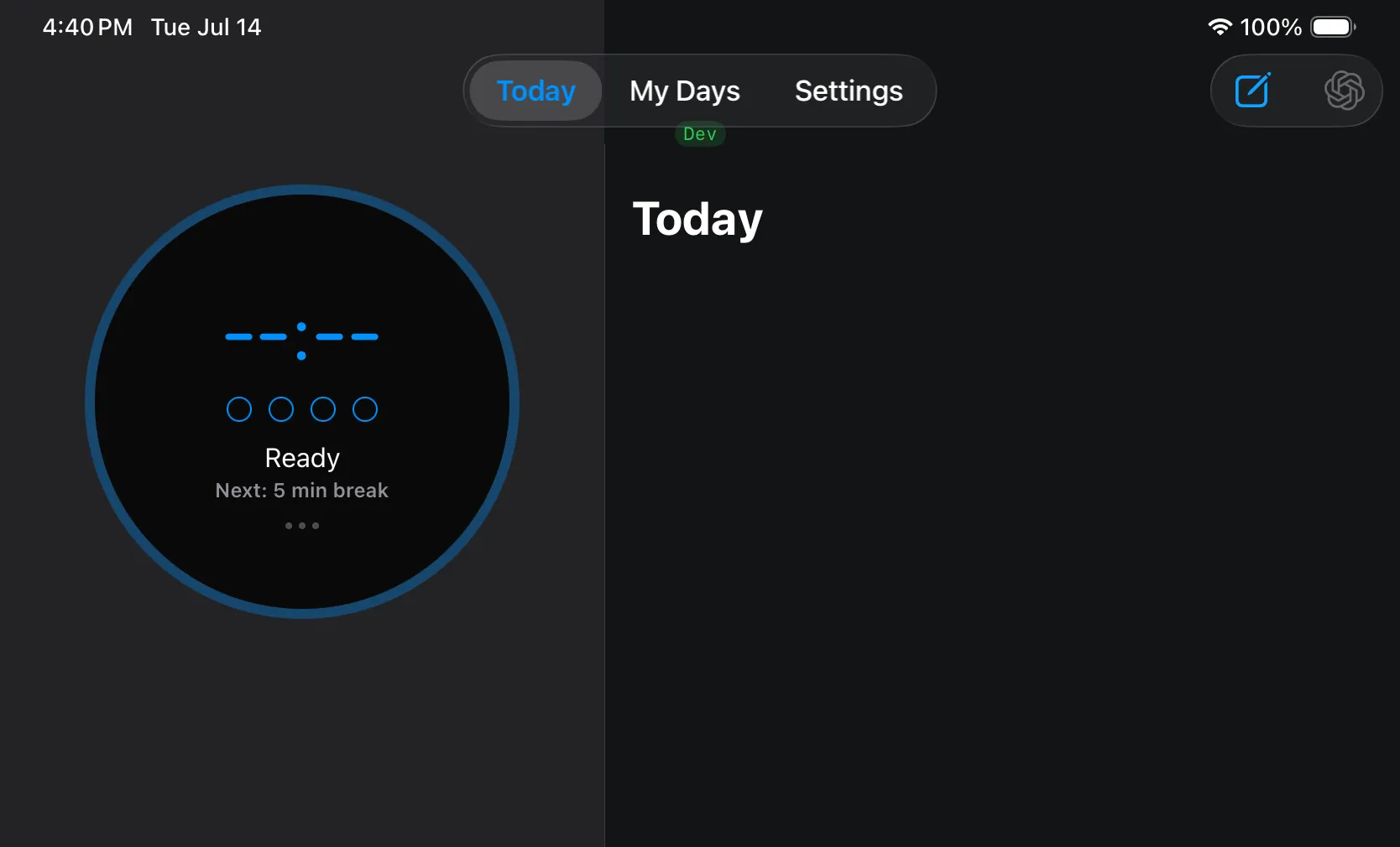 The three sections on iPad — a Today / My Days / Settings switcher up top.