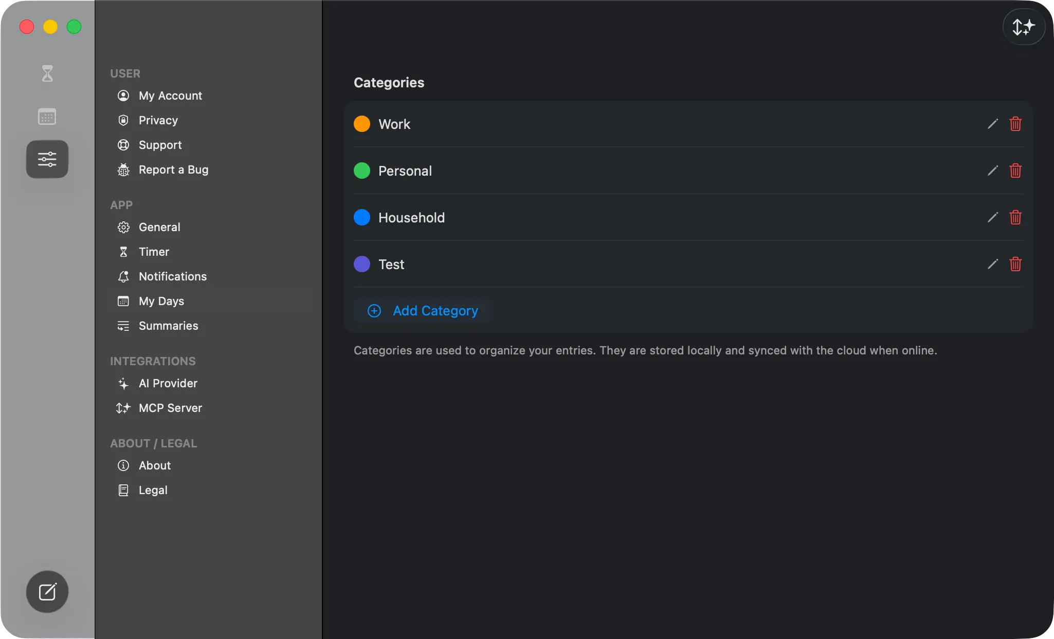 The My Days settings — your categories with color dots, edit/delete controls, and the Add Category button.