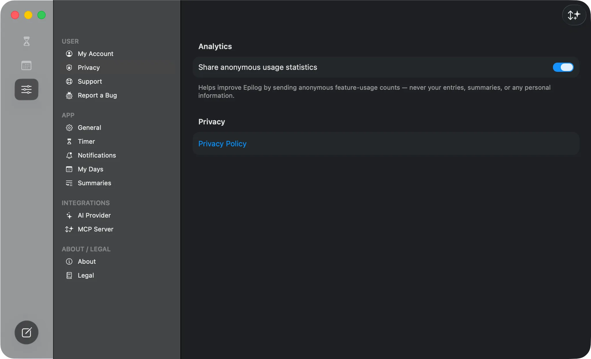 The Privacy settings — the Share anonymous usage statistics switch and the Privacy Policy link.