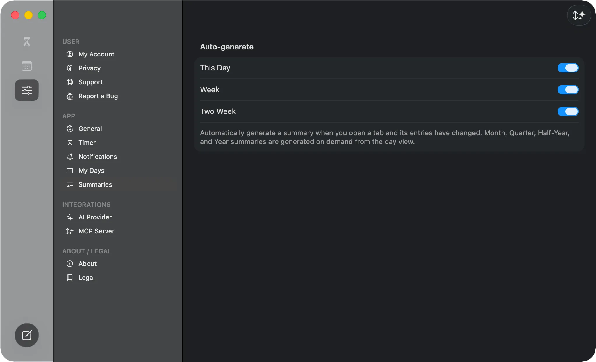 The Settings → Summaries screen — one Auto-generate switch each for This Day, Week, and Two Week.