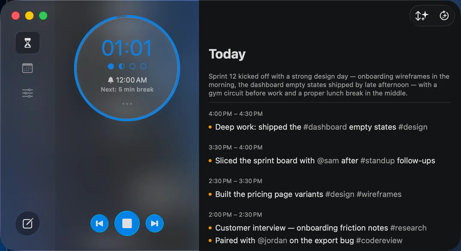 The circular timer on the Today screen — countdown in the center, a row of session dots below it, and “Next: …” underneath.