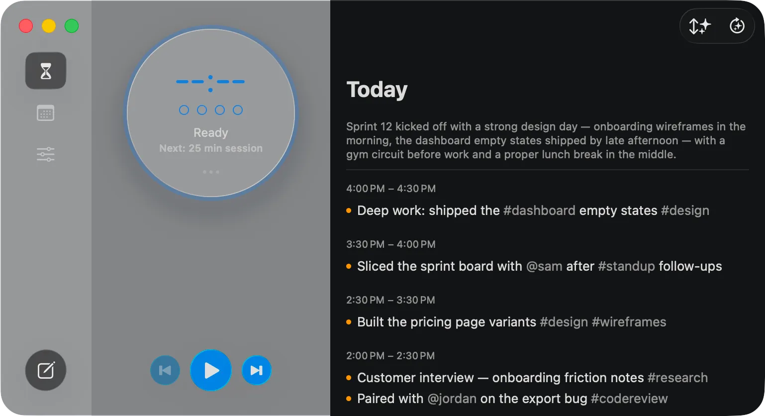 The Today view on Mac — the circular check-in timer on the left, the day’s entries on the right.